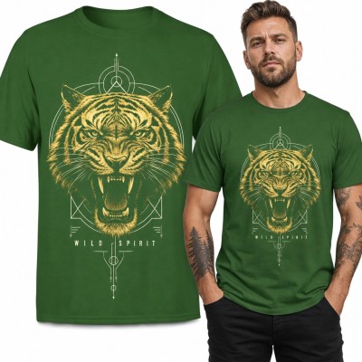 Koszulka męska z ryczącym tygrysem „Wild Spirit” - geometryczny wzór ze strzałami