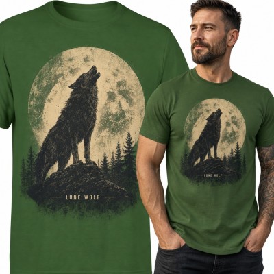 Koszulka męska wyjący wilk na tle księżyca - „Lone wolf”