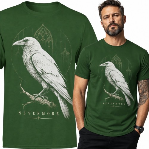 Koszulka męska „Nevermore” - biały kruk na gałęzi i gotyckie okno