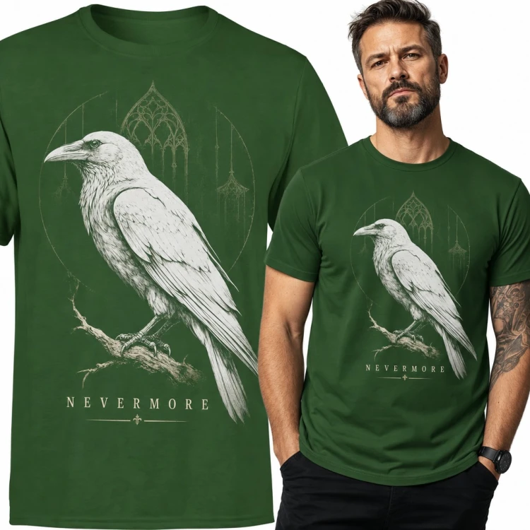 Koszulka męska „Nevermore” - biały kruk na gałęzi i gotyckie okno