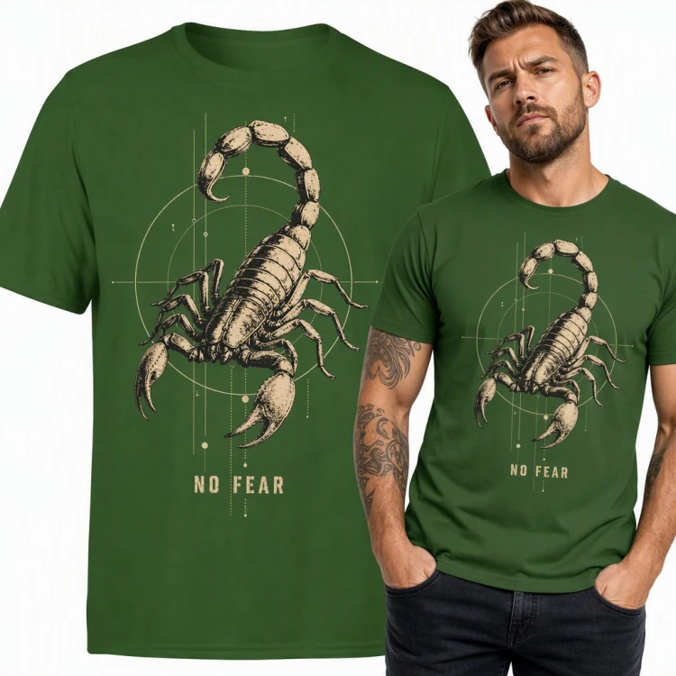 Koszulka męska ze skorpionem i napisem „No fear” - geometryczny znak zodiaku