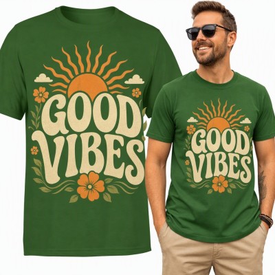 Koszulka męska „Good vibes” - retro słońce i kwiaty w stylu lat 70