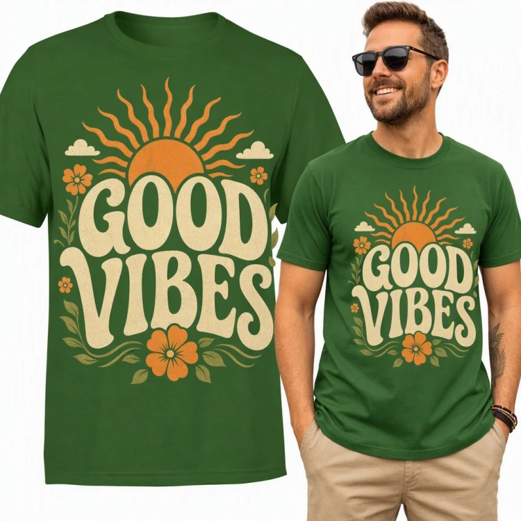 Koszulka męska „Good vibes” - retro słońce i kwiaty w stylu lat 70