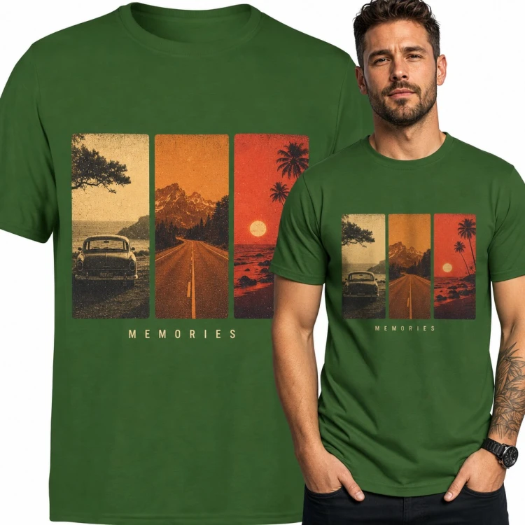 Koszulka męska „Memories” - retro road trip z autem, górską drogą i zachodem słońca