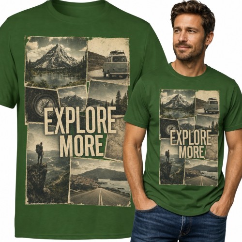 Koszulka męska „Explore more” - kolaż podróżniczy z górami, busem i kompasem
