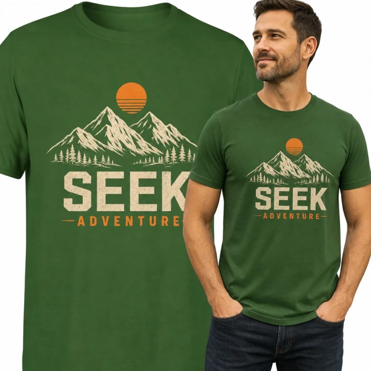 Koszulka męska „Seek adventure” - góry, las i słońce dla turysty