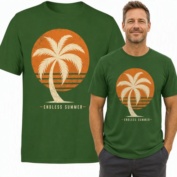 Koszulka męska z palmą na tle zachodu słońca „Endless summer” w stylu retro