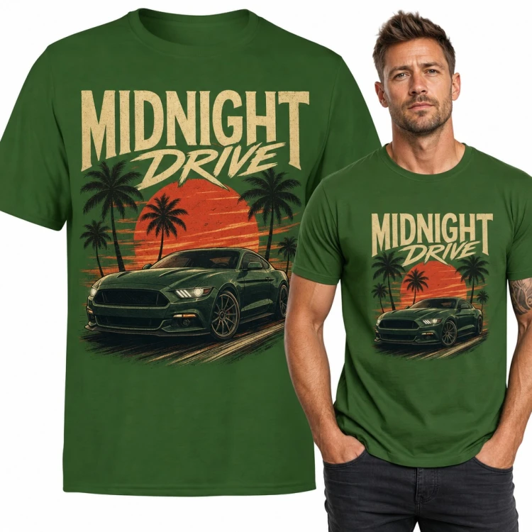 Koszulka męska „Midnight Drive” - sportowe auto, palmy i zachód słońca