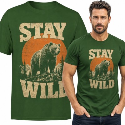 Koszulka męska „Stay wild” z niedźwiedziem grizzly na tle słońca i lasu
