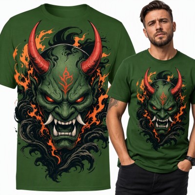Koszulka męska z maską demona Oni - rogi, płomienie i japońskie fale