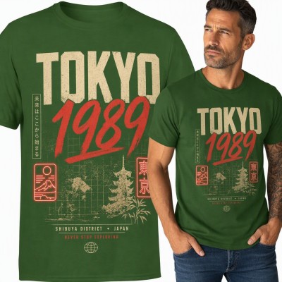 Koszulka męska „Tokyo 1989” - retro Japonia z pagodą, górą Fuji i neonami Shibuya