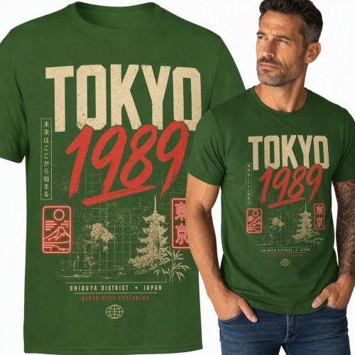 Koszulka męska „Tokyo 1989” - retro Japonia z pagodą, górą Fuji i neonami Shibuya