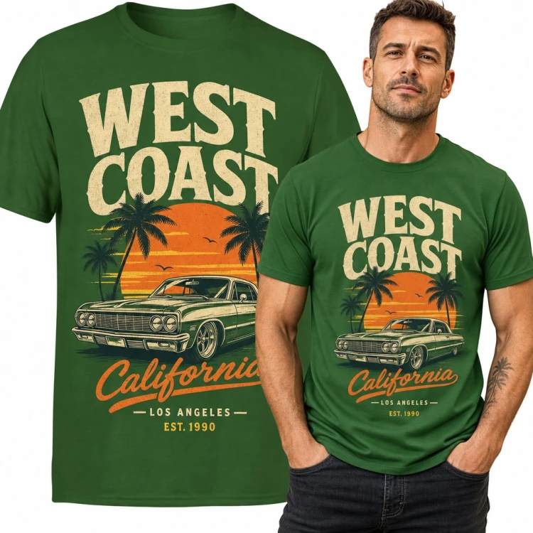 Koszulka męska „West Coast California” - lowrider pod palmami w stylu retro