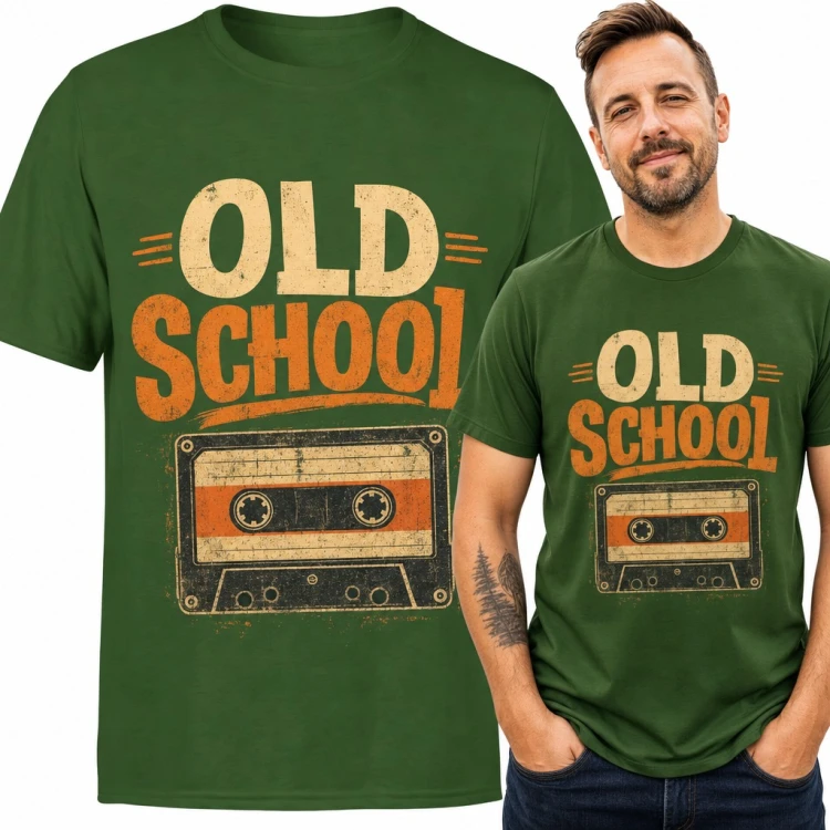 Koszulka męska „Old school” z kasetą magnetofonową w stylu retro