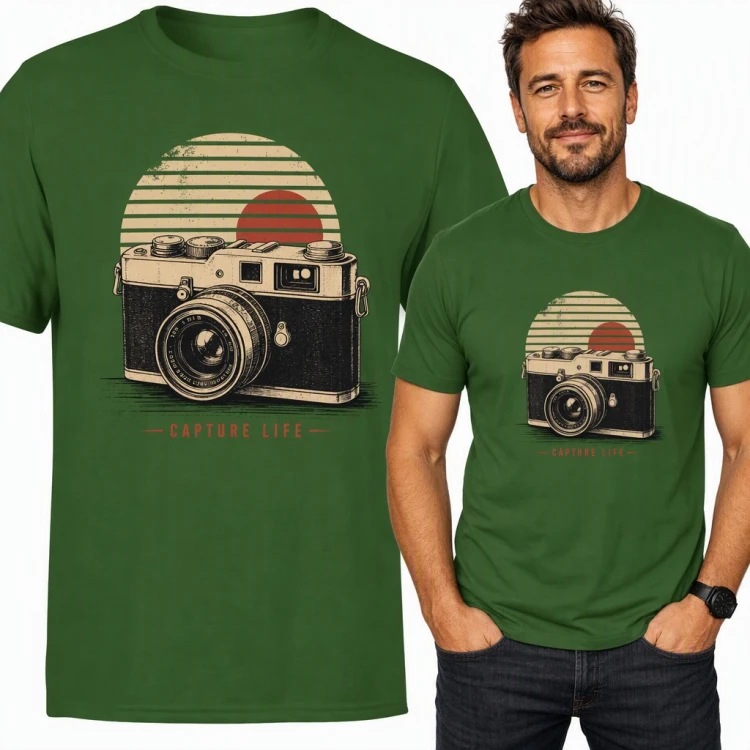 Koszulka męska z retro aparatem fotograficznym „Capture life” - dla fotografa