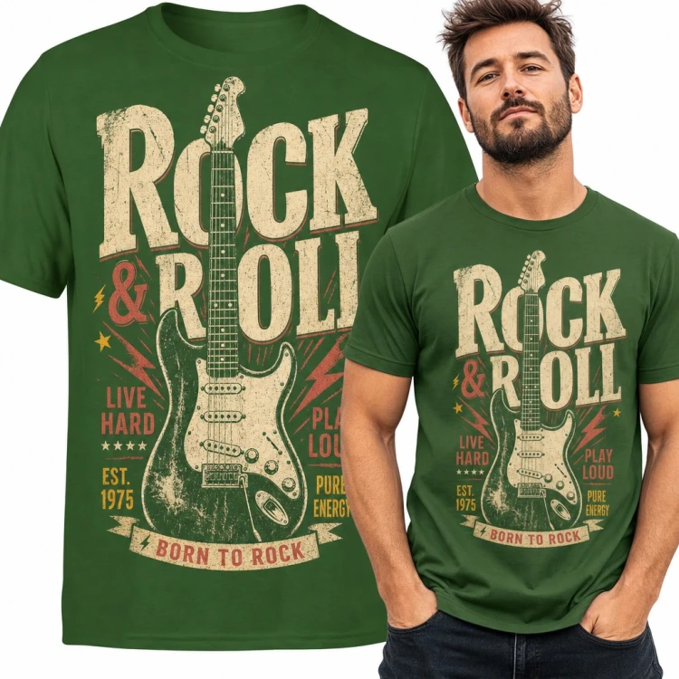 Koszulka męska „Rock &amp; Roll” - gitara elektryczna w stylu vintage dla gitarzysty