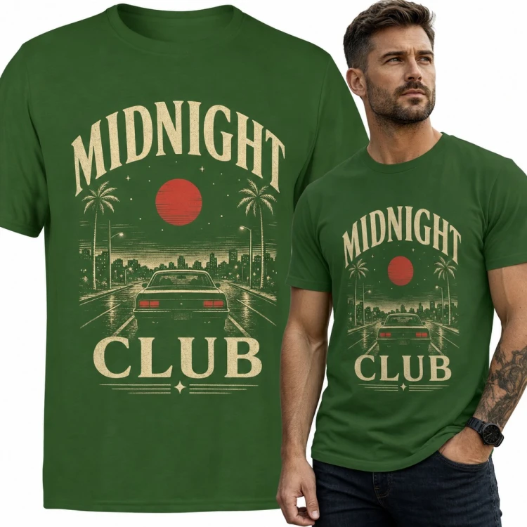 Koszulka męska „Midnight Club” - retro samochód nocą w mieście z palmami