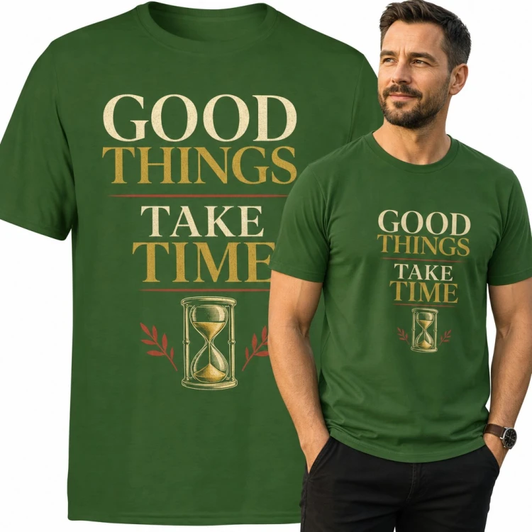 Koszulka męska „Good things take time” - klepsydra i motywacyjna sentencja