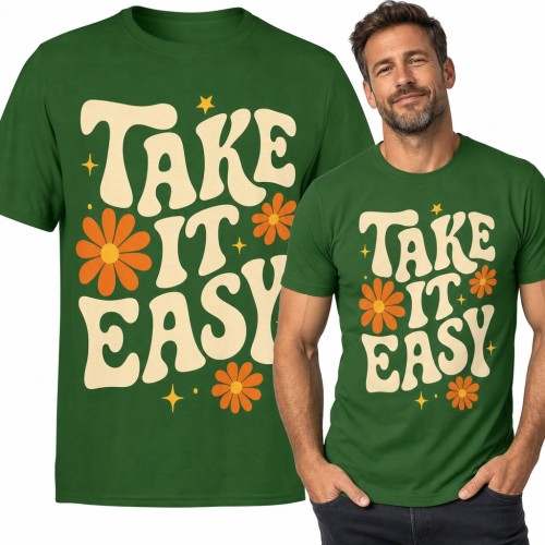 Koszulka męska „Take it easy” - retro napis groovy z kwiatami w stylu lat 70