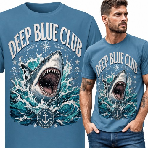 Koszulka męska z rekinem w falach „Deep Blue Club” dla nurka