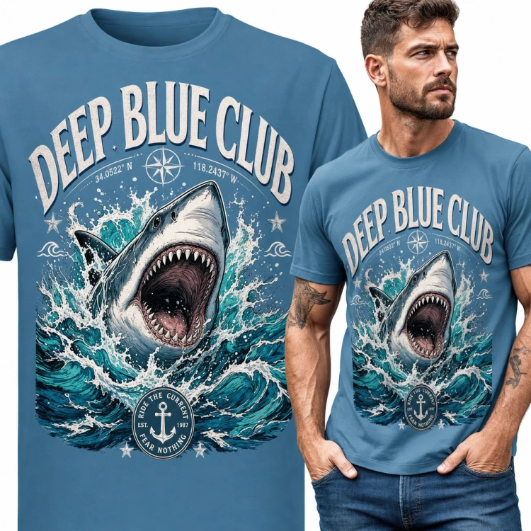 Koszulka męska z rekinem w falach „Deep Blue Club” dla nurka