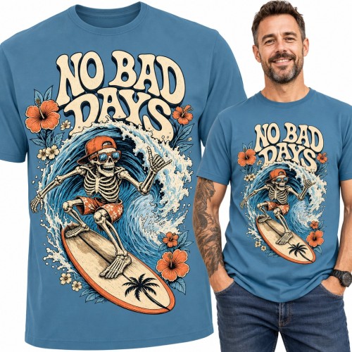 Koszulka męska „No bad days” - szkielet surfer na fali dla surfera
