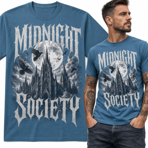 Koszulka męska „Midnight Society” - gotycka katedra, kruki i pełnia księżyca