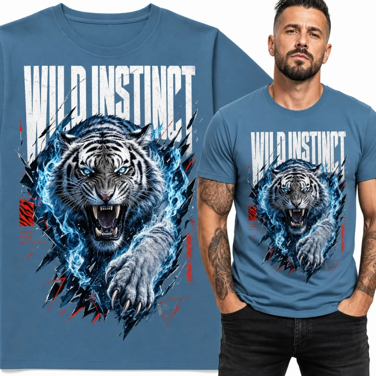 Koszulka męska „Wild Instinct” - biały tygrys w niebieskich płomieniach