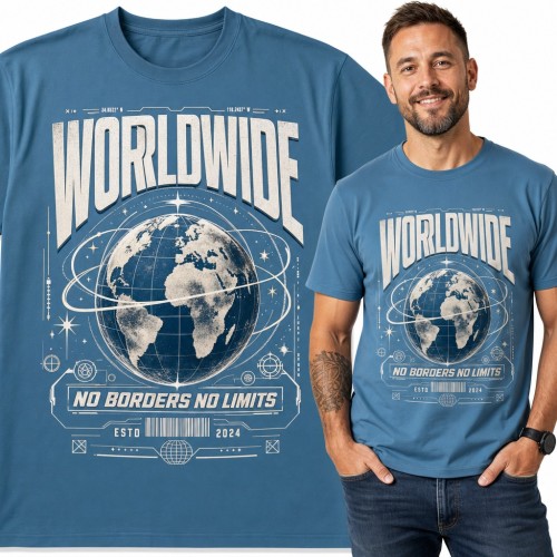 Koszulka męska „Worldwide” - kula ziemska z orbitami i hasłem „No borders no limits”