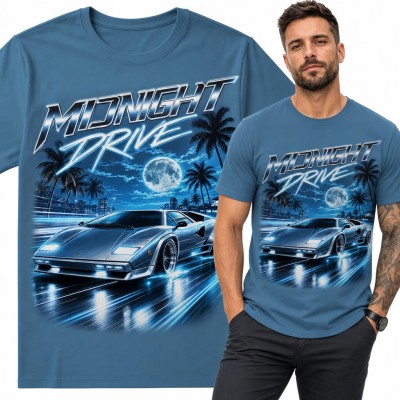 Koszulka męska „Midnight Drive” - retro supersamochód, palmy i księżyc w stylu synthwave