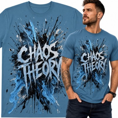 Koszulka męska „Chaos Theory” - metalowe liternictwo na tle eksplozji farby