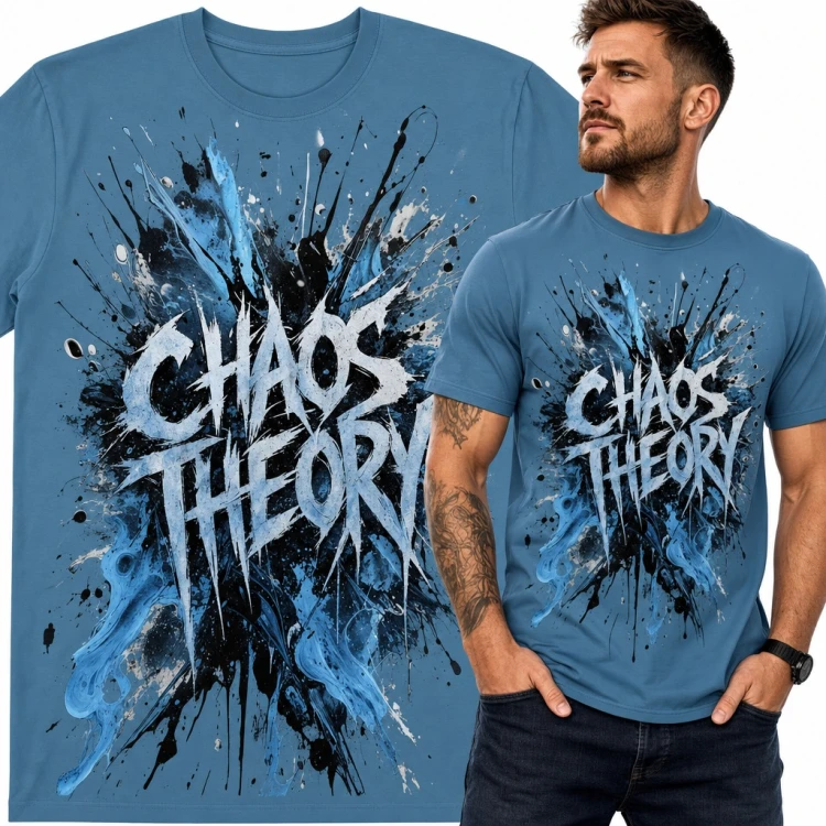 Koszulka męska „Chaos Theory” - metalowe liternictwo na tle eksplozji farby