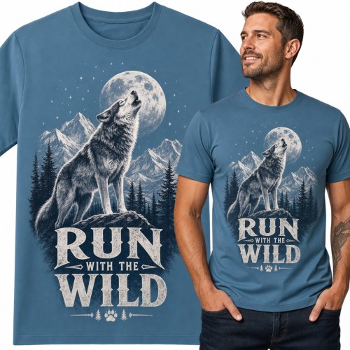 Koszulka męska wyjący wilk pod pełnią księżyca „Run with the wild”