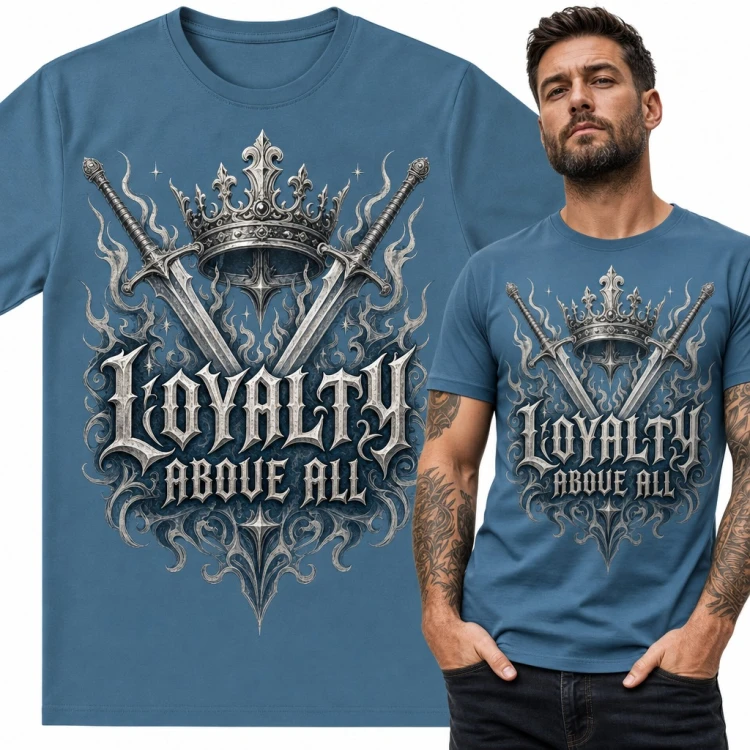 Koszulka męska z koroną i mieczami „Loyalty above all” - gotycki styl