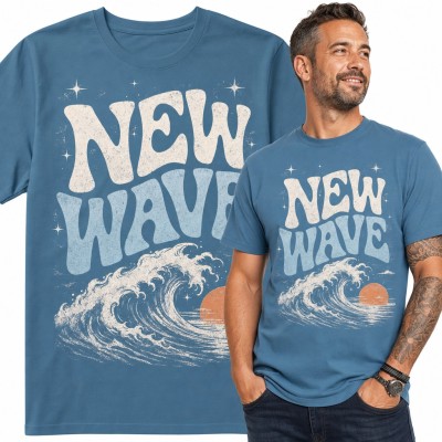 Koszulka męska „New Wave” - retro fala oceanu i zachodzące słońce dla surfera