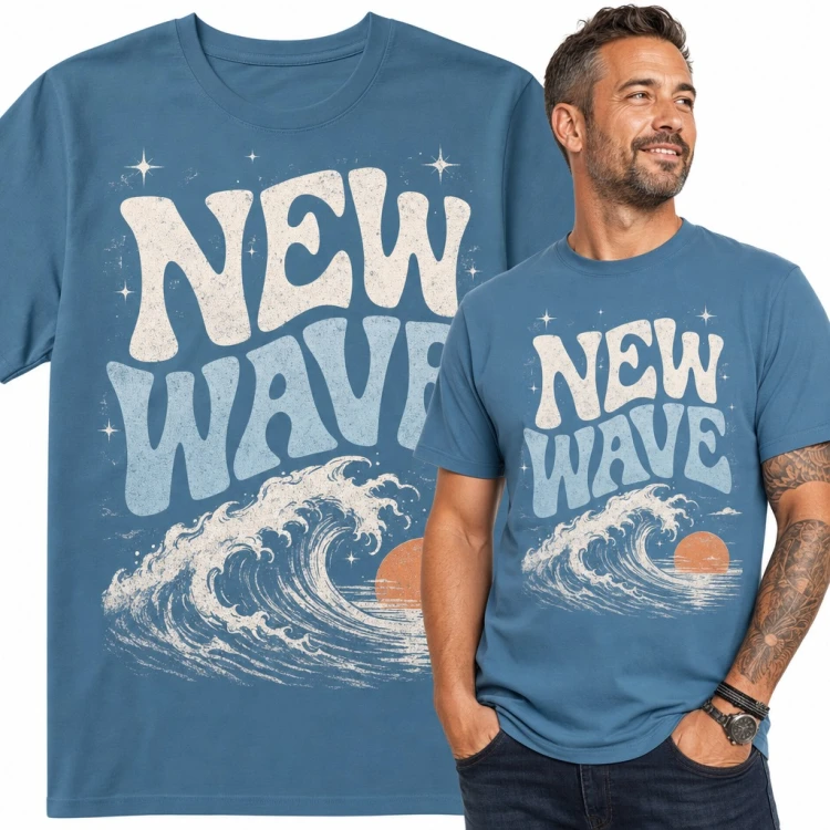 Koszulka męska „New Wave” - retro fala oceanu i zachodzące słońce dla surfera