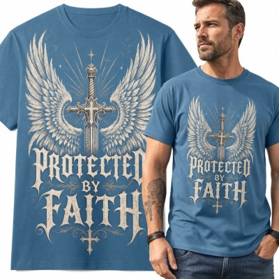 Koszulka męska „Protected by faith” - miecz krzyżowca z anielskimi skrzydłami