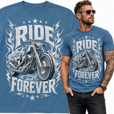 Koszulka męska „Ride Forever” - chopper w płomieniach dla motocyklisty