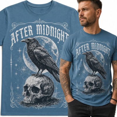 Koszulka męska „After Midnight” - kruk na czaszce i pełnia księżyca
