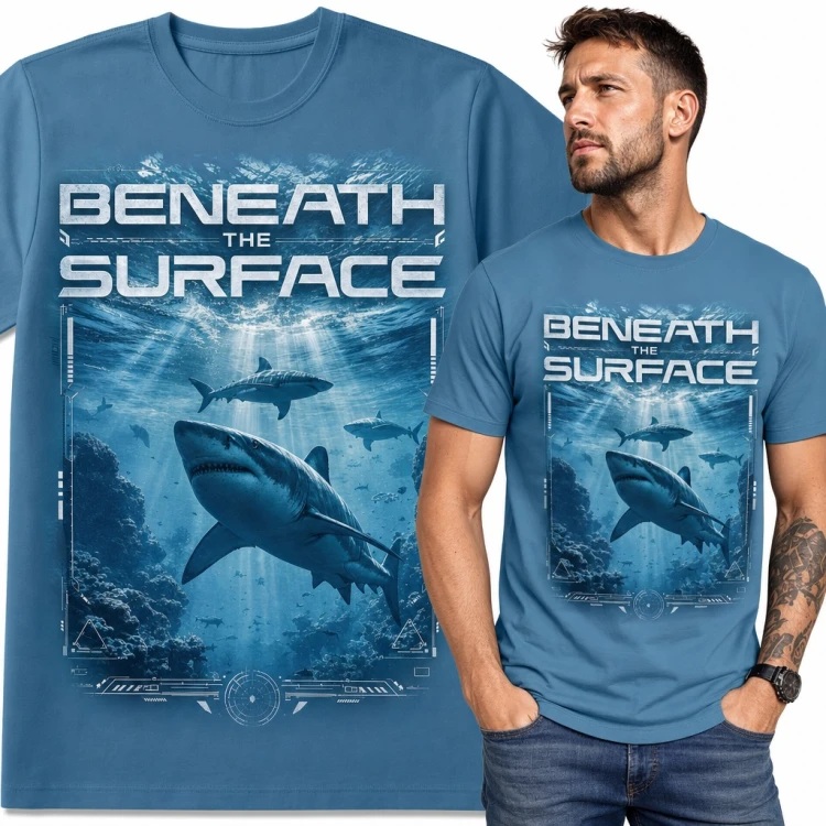 Koszulka męska z rekinami w głębinach oceanu „Beneath the Surface” - dla nurka