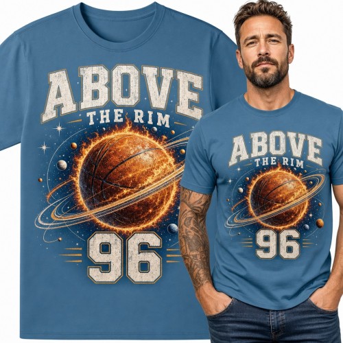 Koszulka męska „Above the rim” - płonąca piłka do koszykówki jako planeta z numerem 96
