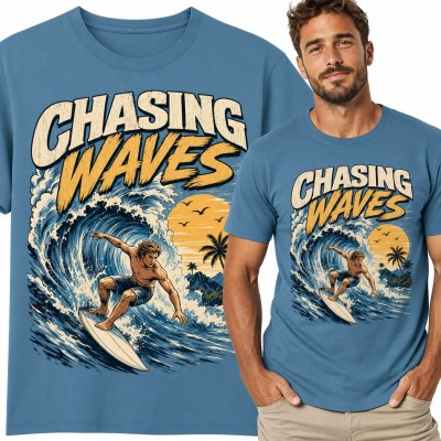 Koszulka męska surfer na fali „Chasing waves” - zachód słońca i palmy
