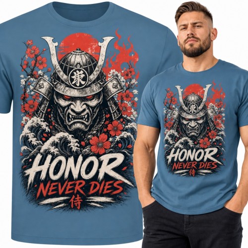 Koszulka męska samuraj w masce oni „Honor never dies” z sakurą