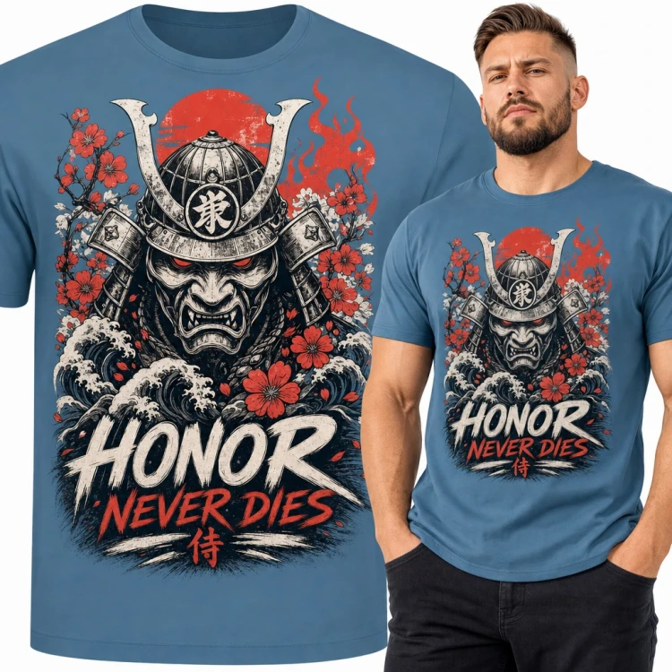 Koszulka męska samuraj w masce oni „Honor never dies” z sakurą