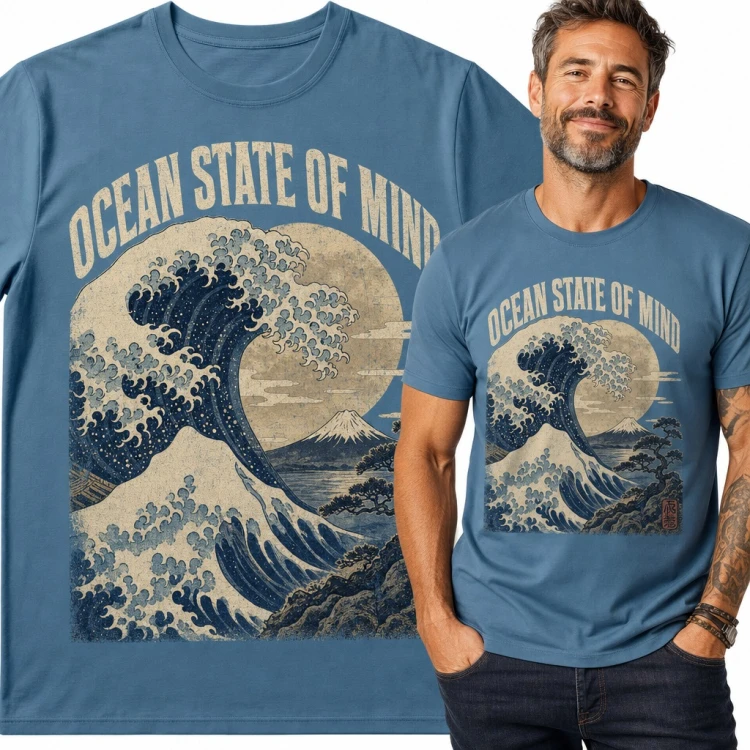 Koszulka męska „Ocean state of mind” - wielka fala z górą Fuji