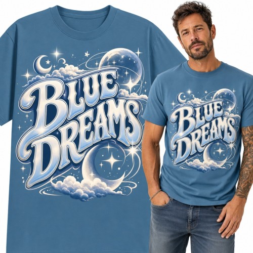 Koszulka męska „Blue Dreams” - półksiężyc, gwiazdy i chmury