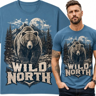 Koszulka męska z niedźwiedziem grizzly „Wild North” - górski las i pełnia księżyca