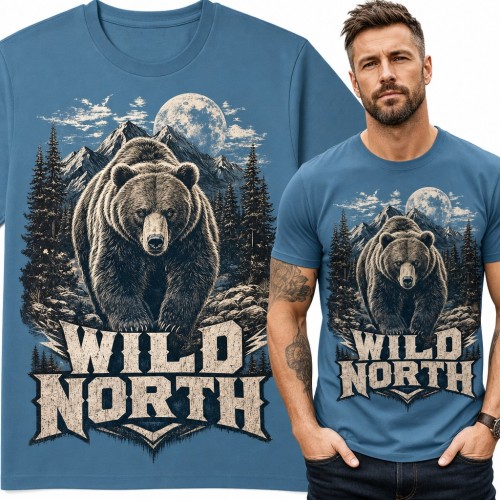 Koszulka męska z niedźwiedziem grizzly „Wild North” - górski las i pełnia księżyca