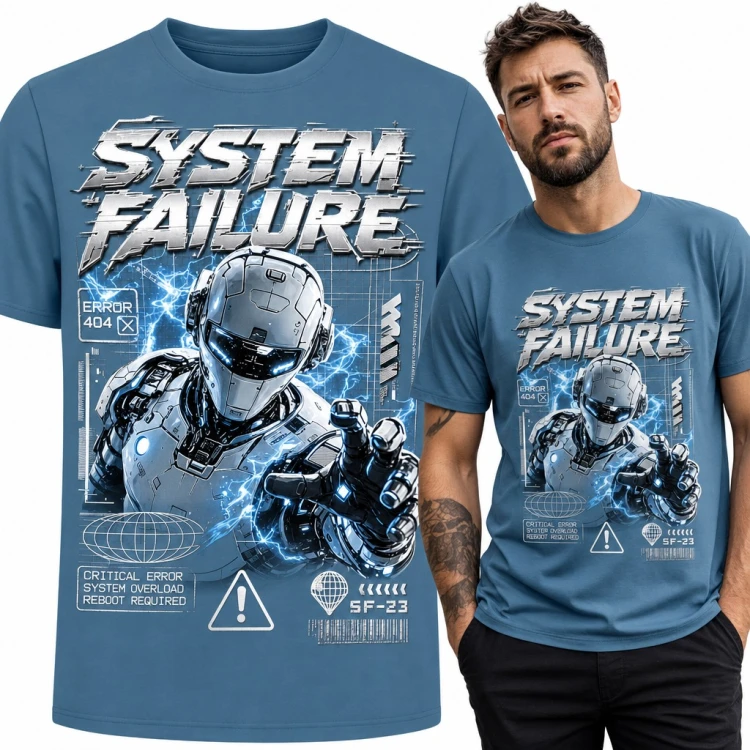 Koszulka męska „System Failure” - robot cyborg z błyskawicami i Error 404