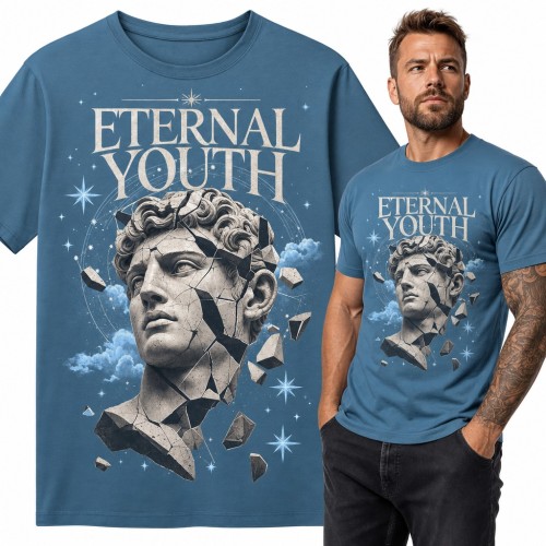 Koszulka męska „Eternal Youth” - pęknięta antyczna rzeźba wśród gwiazd